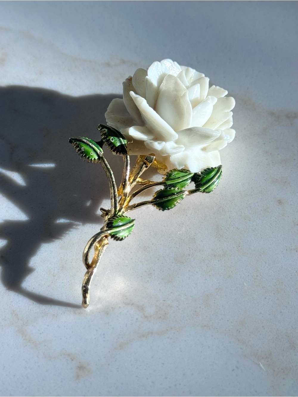 Vintage Signed PELL White Flower Brooch with Green Enamel Leaves